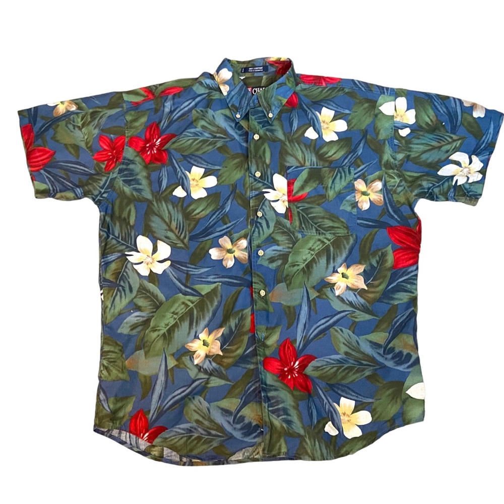 Chaps Blue Tropical Button-Down Shirt with Red & White Flowers